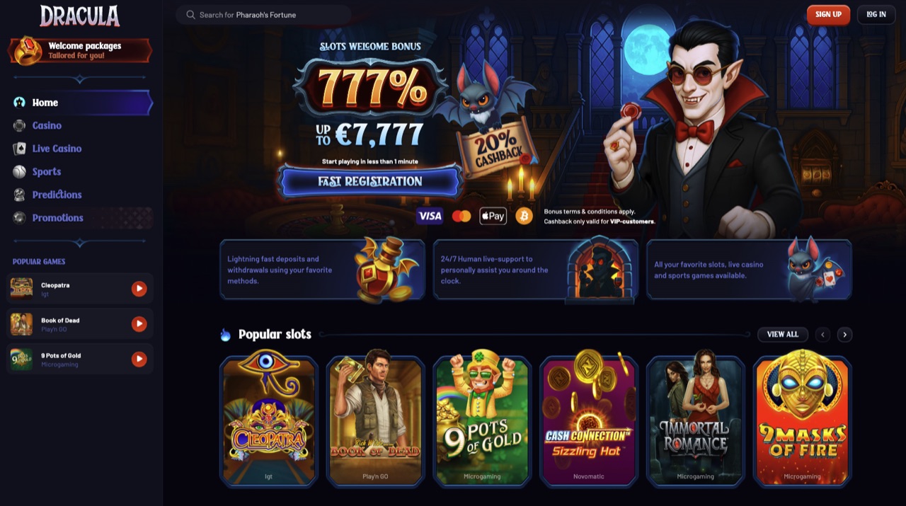 Capture d'écran du site Dracula Casino (octobre 2026)